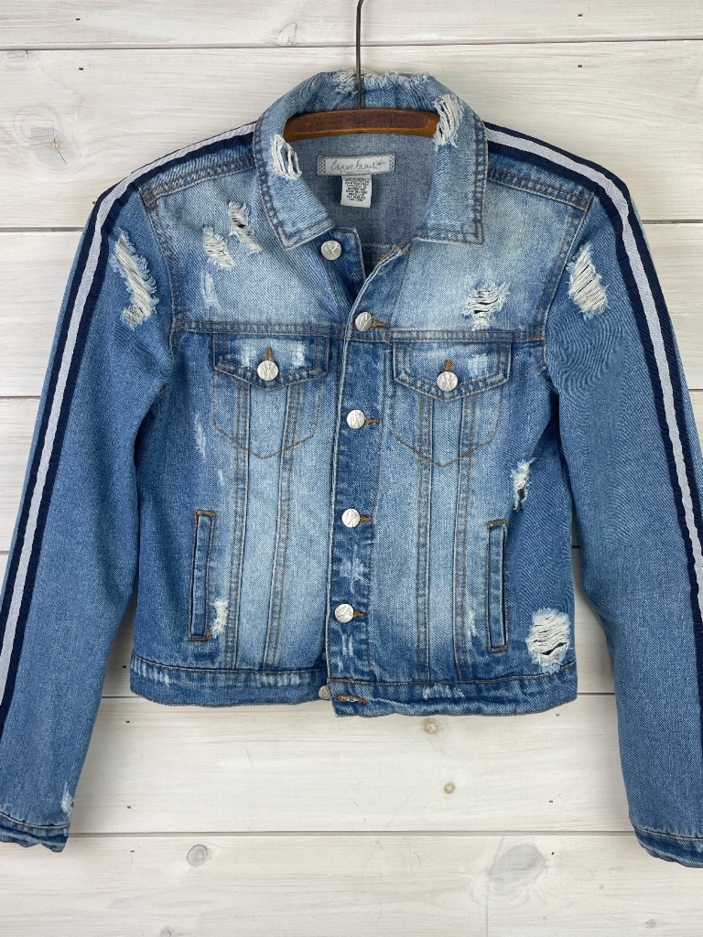 Crave Fame Distressed Bleached Blue Denim Jacket Ribbon Sleeves